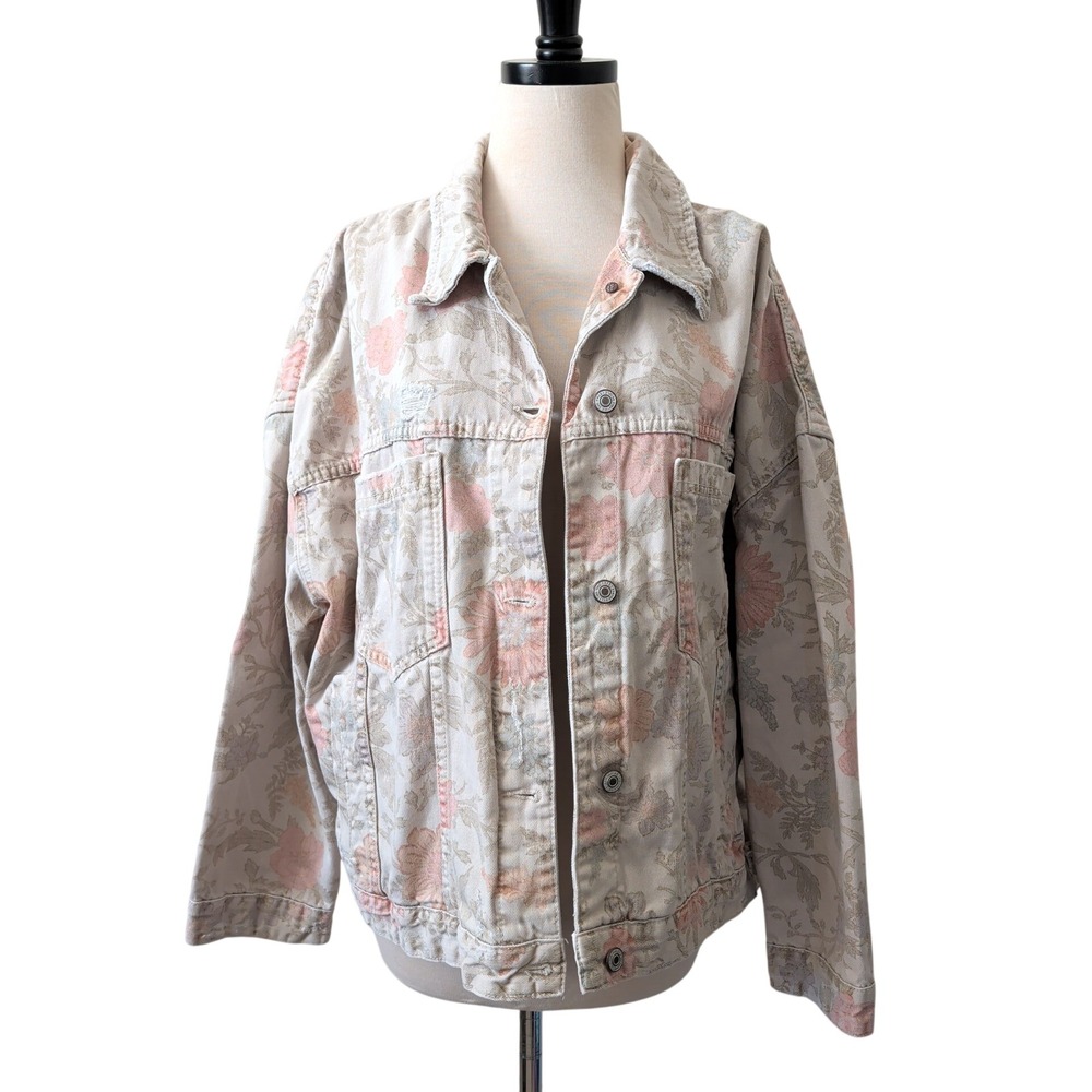 We The Free Free People Floral Denim Jacket Cream Oversize Trucker L Cottagecore